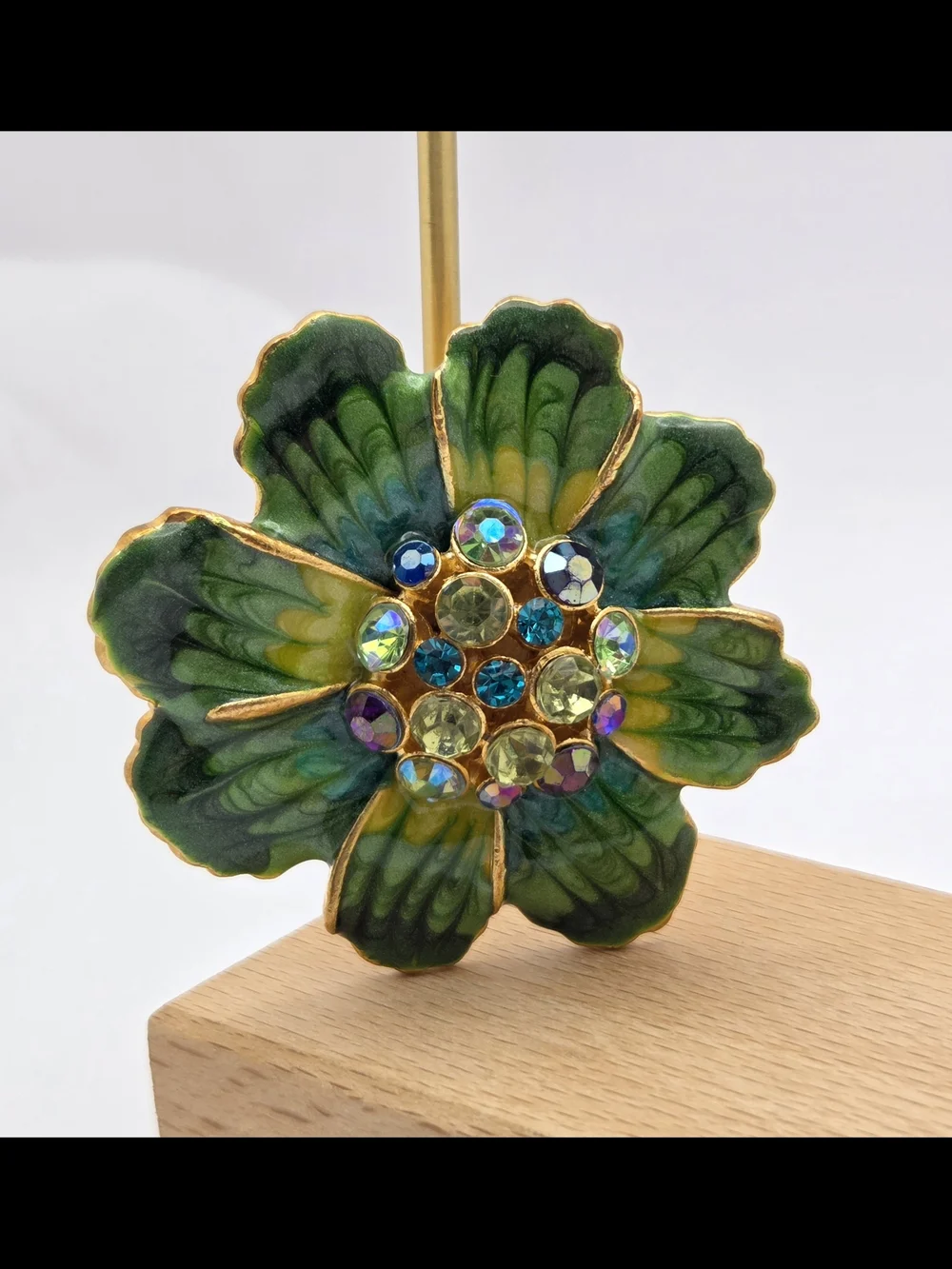 Vintage Enamel Green Flower Brooch AB Rhinestone Center Gold Tone Pin